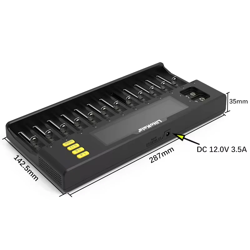Détail des slots du chargeur multiport Lii-S12 avec des batteries insérées, éclairage LED indiquant l'état de charge.