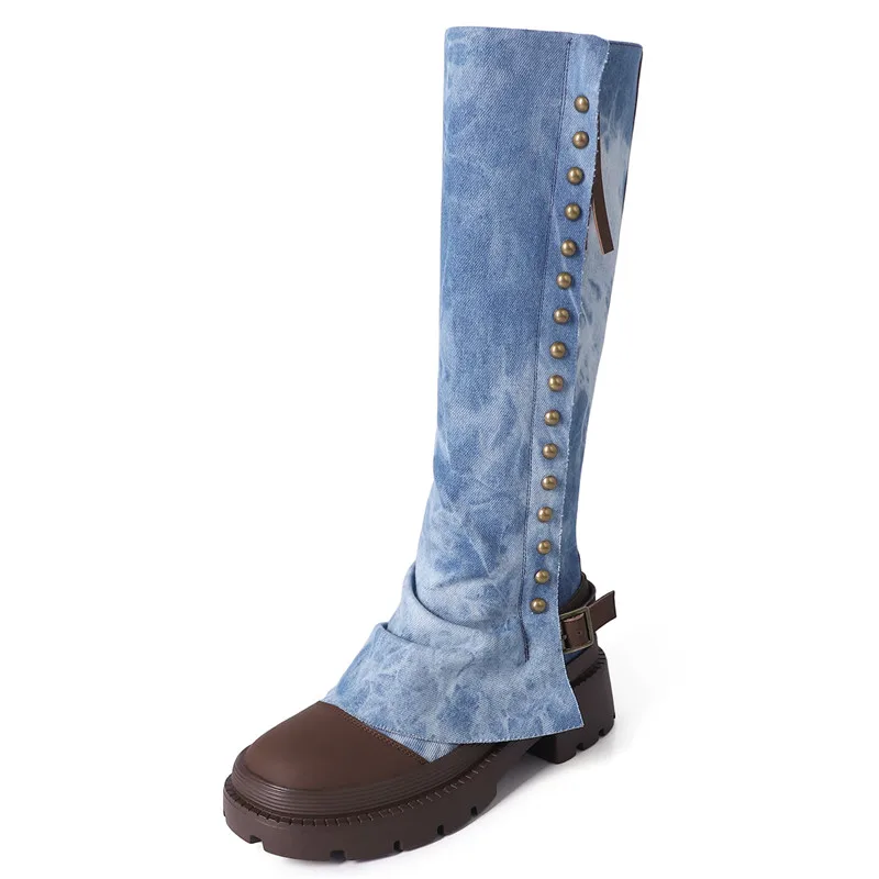 

New Style Light Luxury Fashion Quality Retro Women Knee Length Boots Denim Color Block Sexy Elegant High Barrel Knight Boots