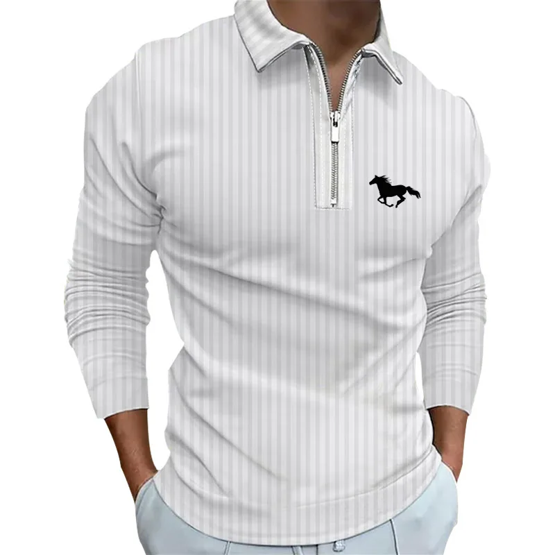 100% Polyester Fiber Zipper Striped Long Sleeved Polo Shirt Light Mature and Fashionable Men's Top Item