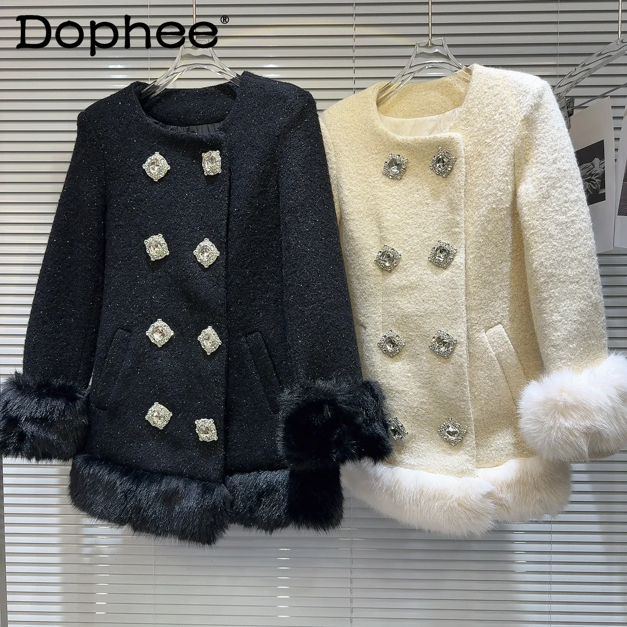 Large Square Drill Buckle Faux Fur Stitching Puffer Jacket Winter New Round Neck Double Breasted Mid-Length Woolen Coat Women