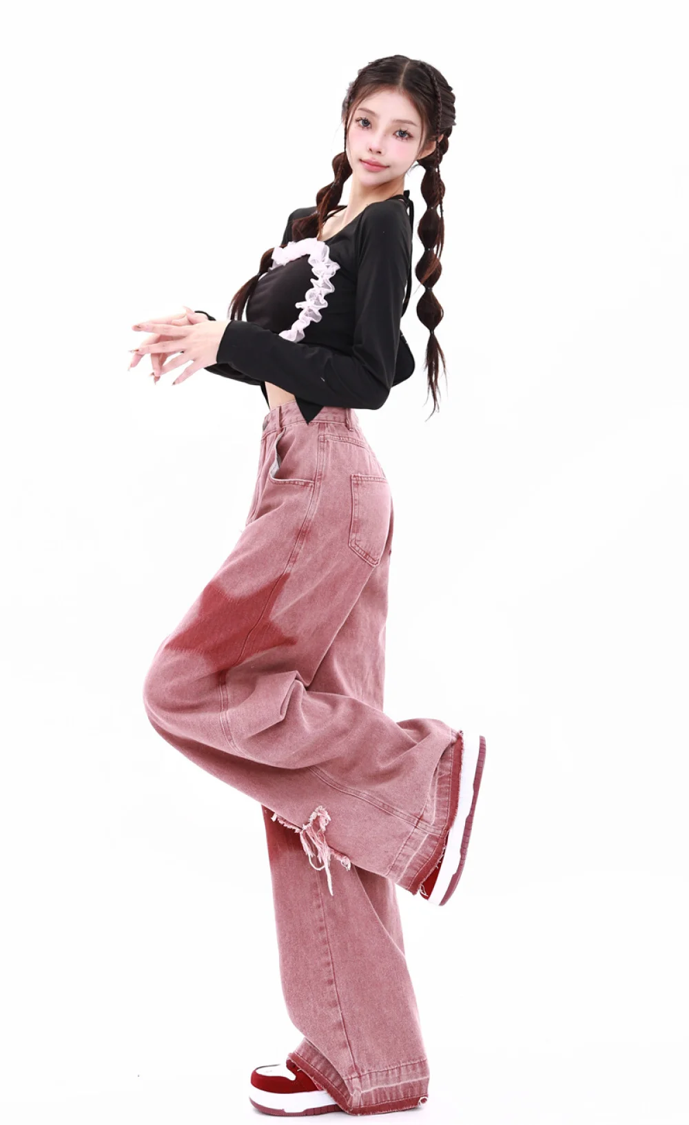 여성용 자수 스타 청바지, 코르셋 하이웨이스트 청바지, 스트레이트 핑크, 겨울 와이드 팬츠, Y2K, 가을 신상