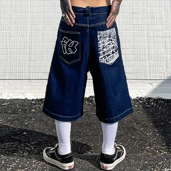 Hip Hop Pockets Embroidery Letter Print Jeans Shorts for Men Summer Retro Oversized Wide Leg Denim Knee Length Pants