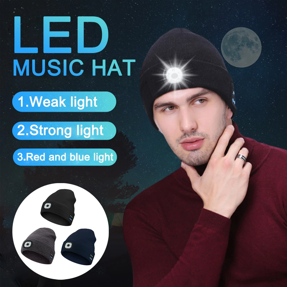 Wireless Bluetooth 5.0 Music Knitted Hat Rechargeable Detachable Luminous Sleeve Cap