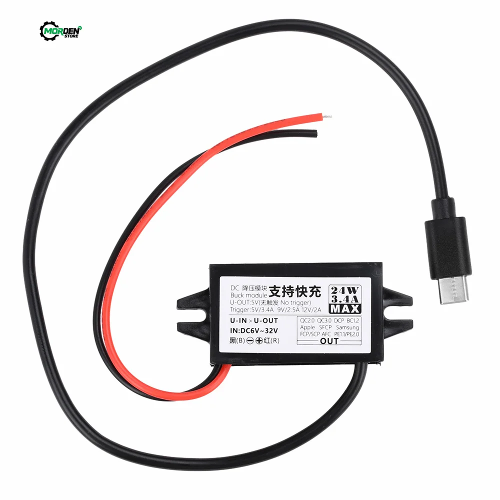 컨버터 DC-DC 스텝 다운 모듈 전원 어댑터, C타입 와이어 커넥터 인터페이스, 24W, 12V-5V