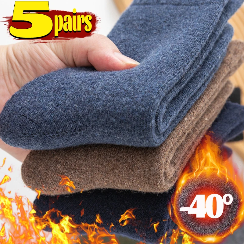 Men Socks 1/5pairs Winter Merino Wool Super Thick Warm Harajuku Retro Snow Casual Antifreeze Cashmere