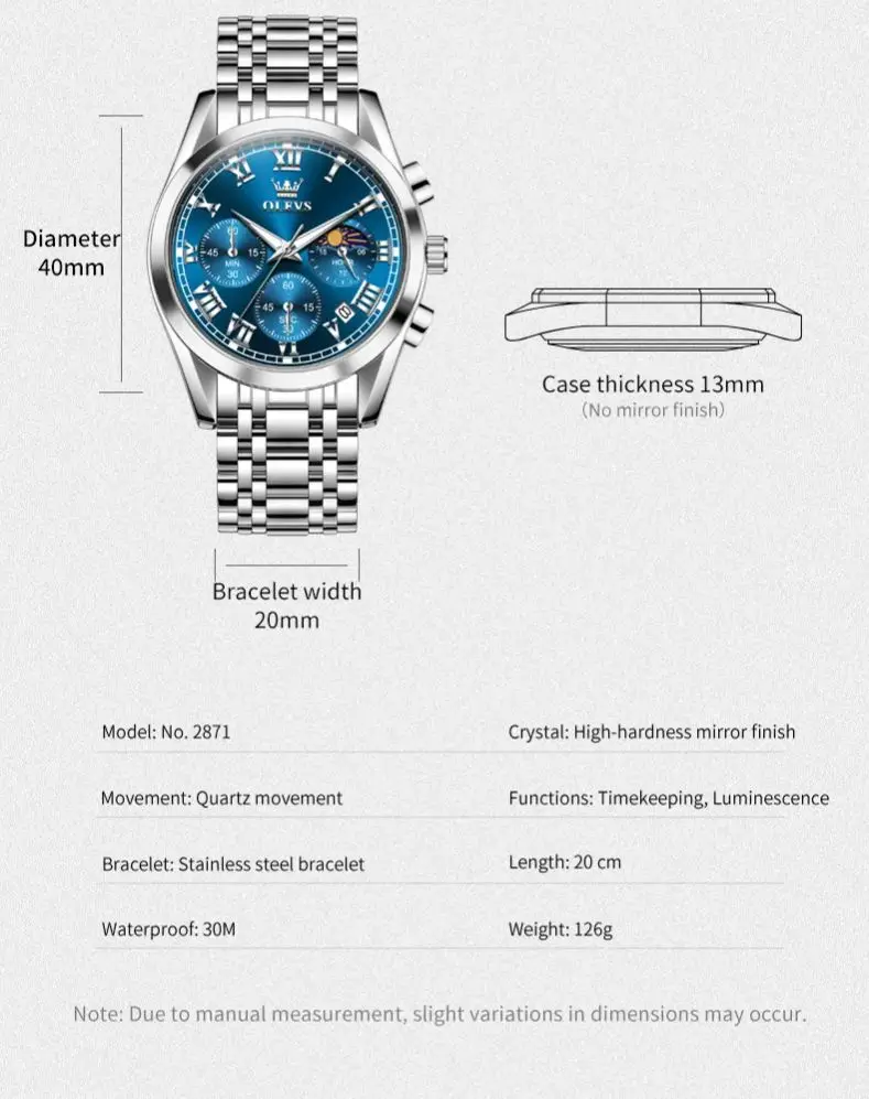 OLEVS 2871 Men's Watches Solid Steel Strap Luxury Original Quartz Wrist Watches For Man Waterproof 24 Hrs Moon Phase Chronograph