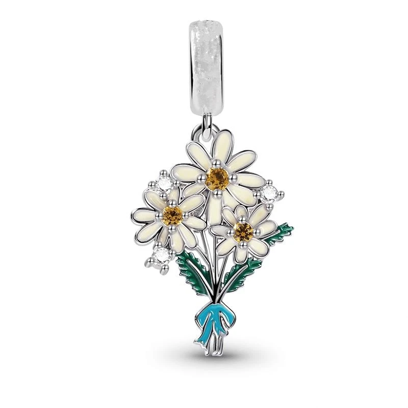 New DIY Charm Beads Jewelry Gift Black Red Roses Daisy Lily Plum blossom Tulip Fit Original 925 Sterling Silver Bracelet 2