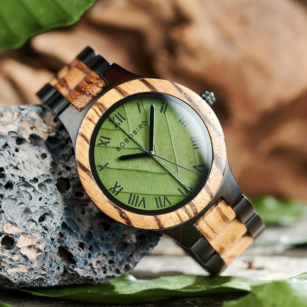 Men's Wood Watch with Genuine Leaf, BOBO BIRD Watch, Leaves Face Original Wooden Clock, Engraved Watch, Anniversary Custom Gift
