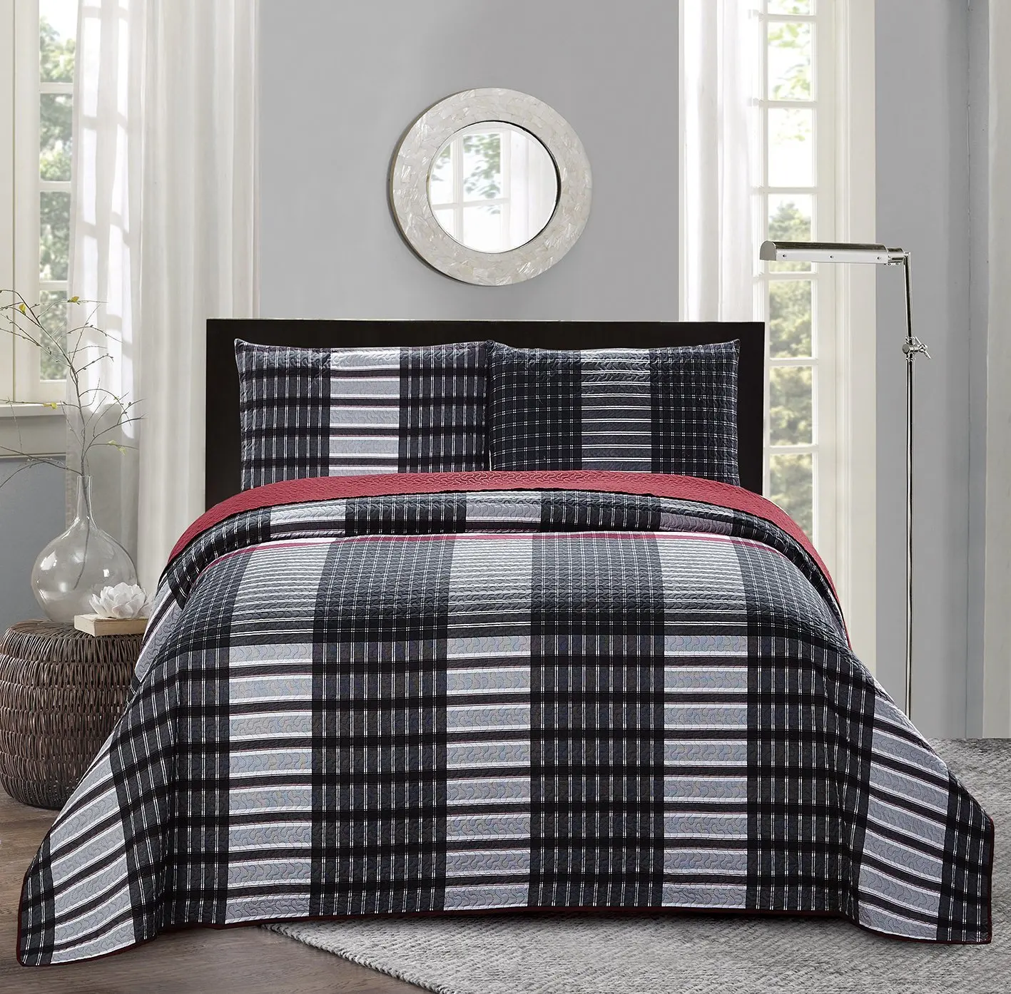 Bed Comforter Grey White Plaid Quilt Full Queen Size Quilt Geometric Bedding Set Soft Breathable Cover Classic Home Decor for All Season