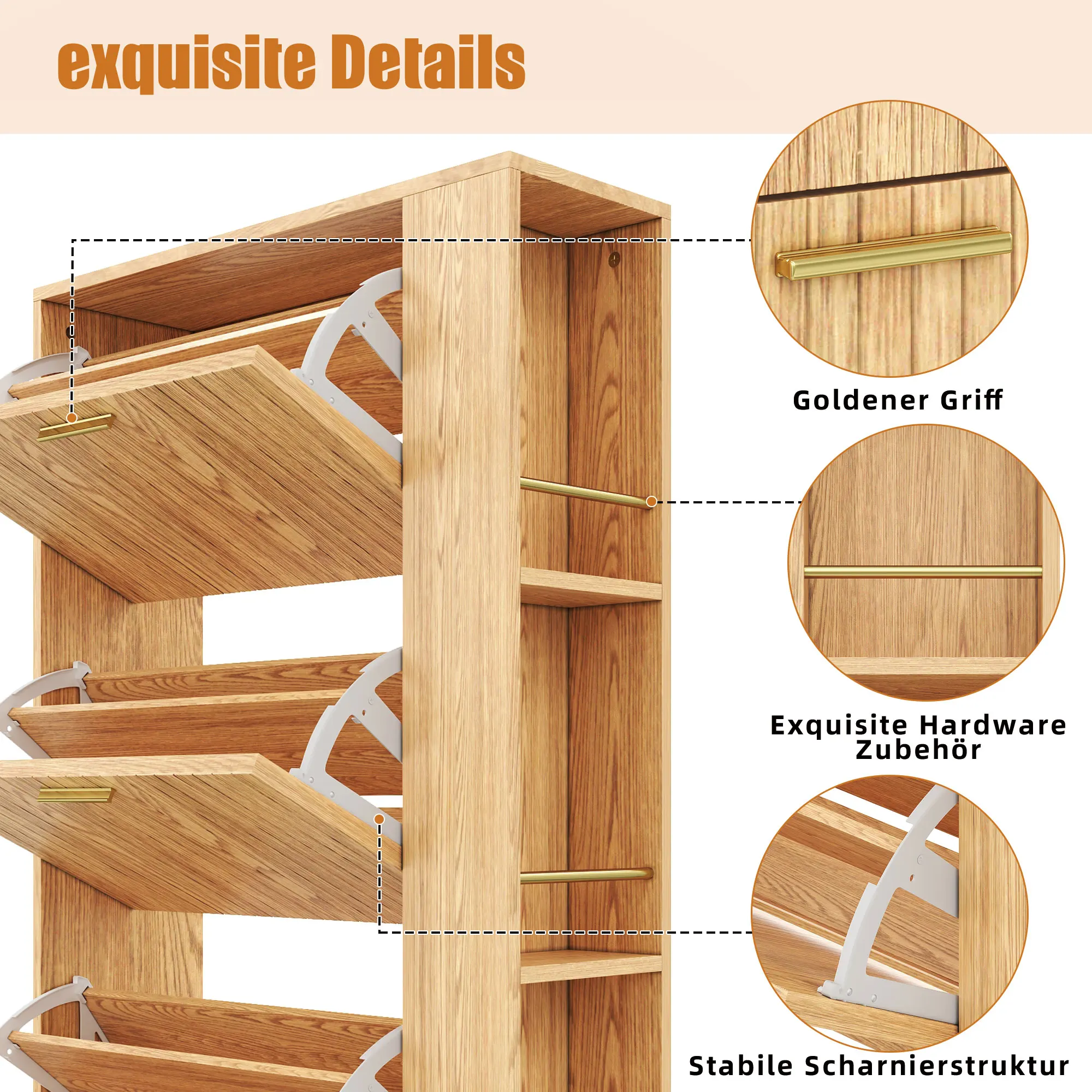 Moderner, minimalistischer Schuhschrank aus Holz, dreitüriges Design, großes Fassungsvermögen, offene Regale, stilvoll und praktisch – Detail 14