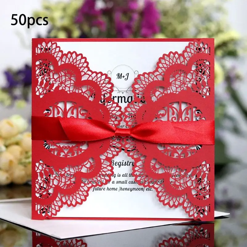 

50 шт свадебные пригласительные билеты с лентой лазерная резка цветочные блестящие помолвки Прямая поставка