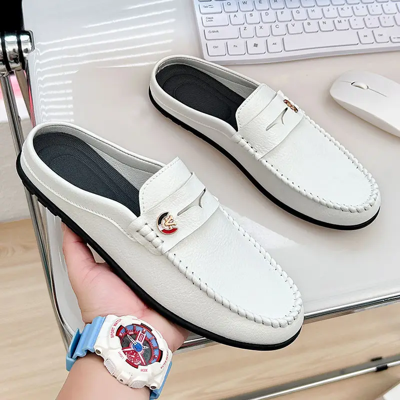 Men's Shoe Mules Slides Male Slipper Flat Leather Half Outdoor