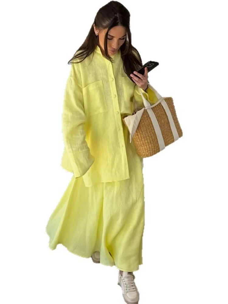 Wmstar Two Piece Set Women Wholesale Woman Clothing 2025 Summer New Casual Loose Long Sleeved Shirt Skirt Yellow Fashion