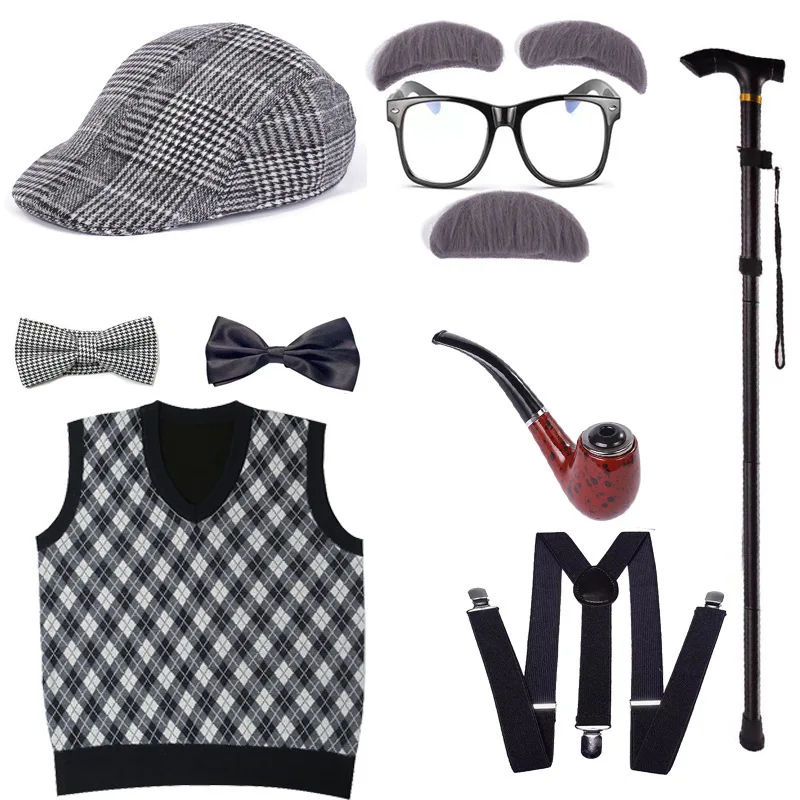 2024 ילדים חדשים 100 ימים של תחפושת בית ספר לבנים הלווין תחפושת איש זקן כובע משקפיים פרוק וג'קט סבא קאנה סט מלא ילד