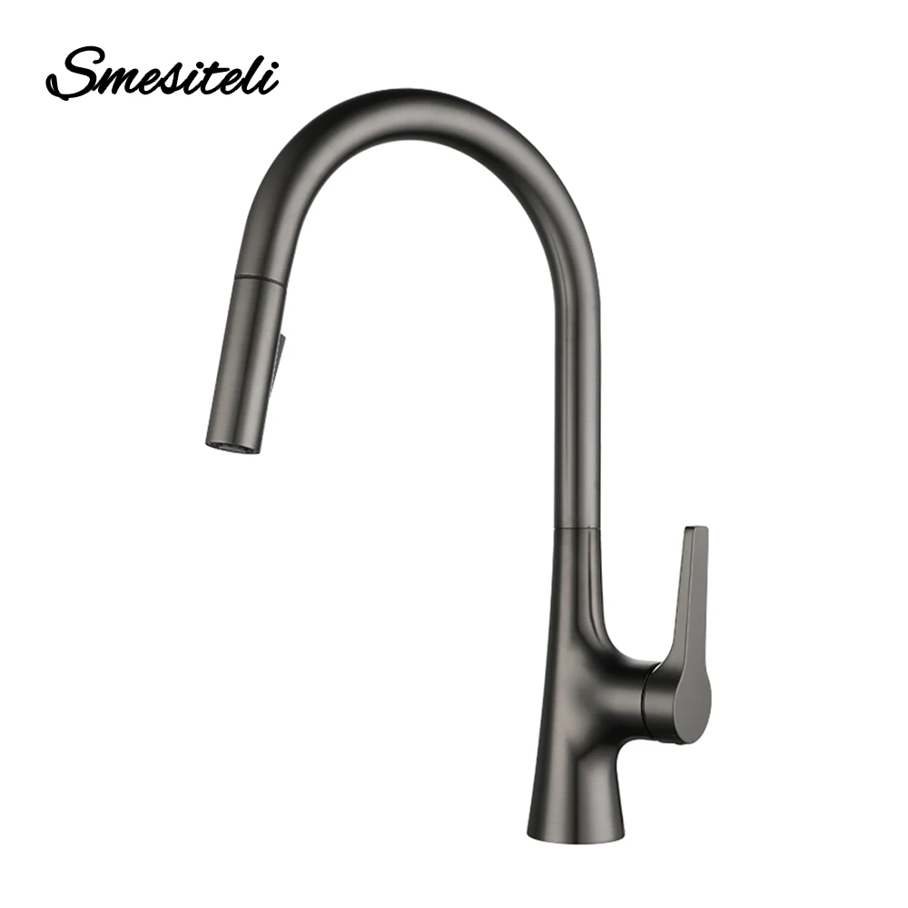 Smesiteli Gun Gray Brass Single Hole Deck Mounted 360 Degree Rotation Kitchen Pull Out Brass Faucet Hot And Cold Water Sink Taps