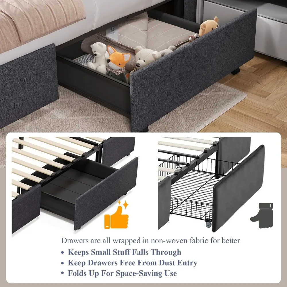 Size Platform Bed Frame with 3 Storage Drawers, Fabric Dust-Proof Sliding Drawers, No Fixed Headboard, No Box Spring Neede 3