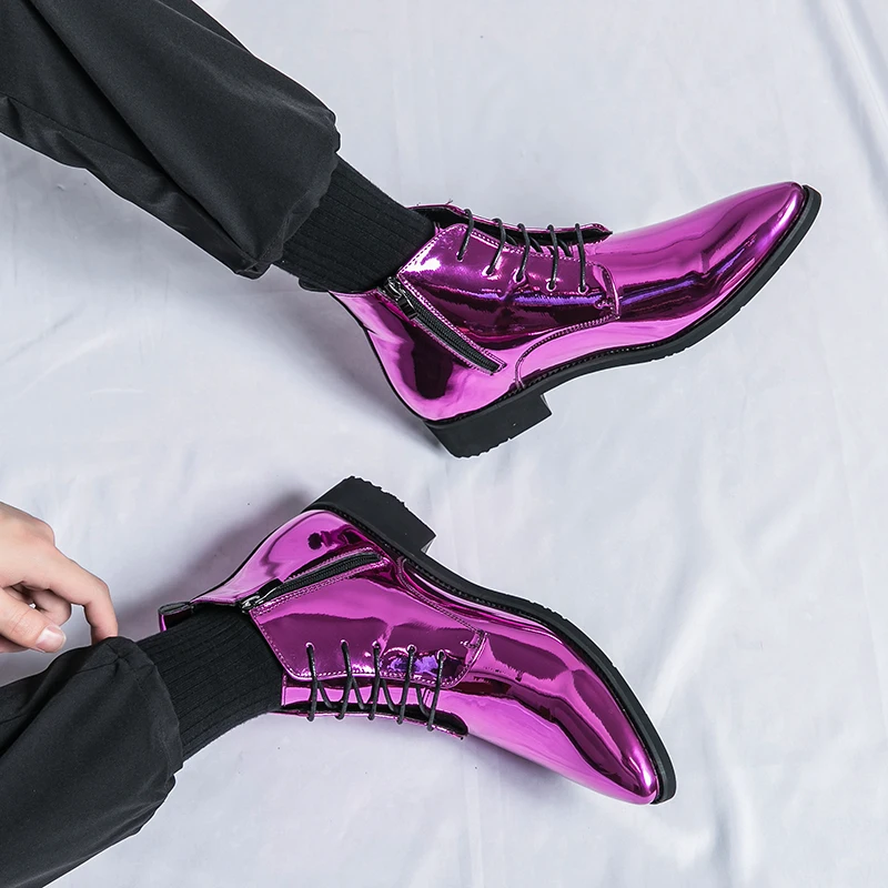 Luxury Chelsea Boots Men's Shiny Leather Shoes Pointed High Top Shoes Men's Banquet Dress Shoes High-end Purple Red Short Boots