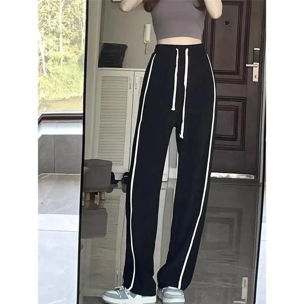 leather pants Fashion Women Loose Casual Baggy Black Long Trouser Wide Leg Pants Sports Retro White Stripes Streetwear Sweatpants Design Tide flare pants