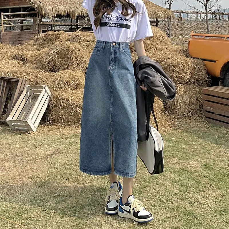 Denim Skirt Split High Waist Women Streetwear Casual Straight Jeans Skirt New 2024 Y2K Aesthetic Korean A Line Long Skirts