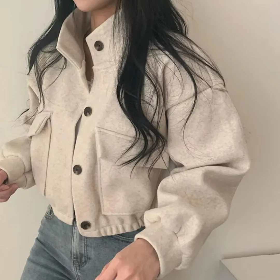 Veste décontractée tendance pour femme, col montant ample, boutonnée, style streetwear, manteau court vintage en imitation laine pour l'automne et l'hiver