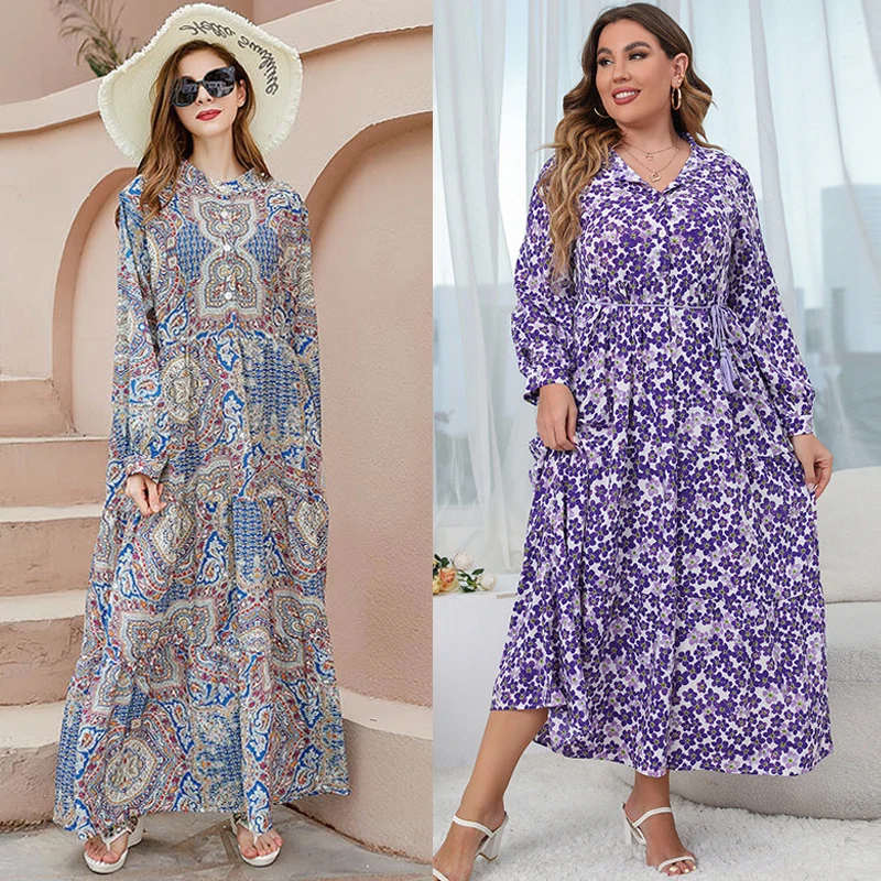 

Ethnic Print Maxi Dress for Women 2024 Lapel Single-breasted Turkey Dubai Floral Abaya Arabic Oman Middle East Muslim Clothes