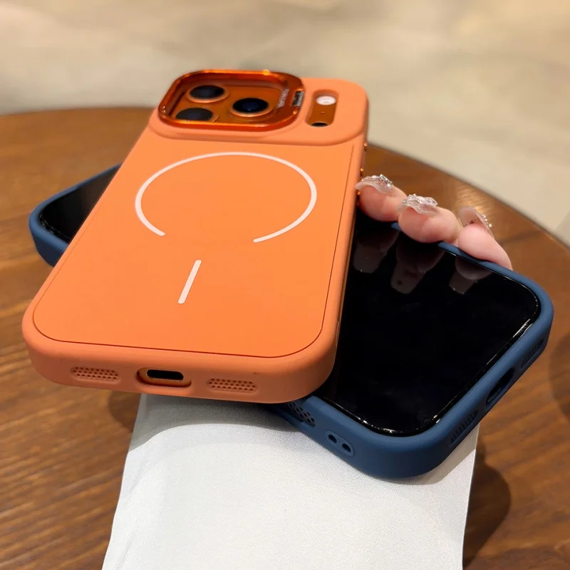 Premium Magnetic Liquid Silicone Shockproof Phone Case with Metal Lens Stand Holder