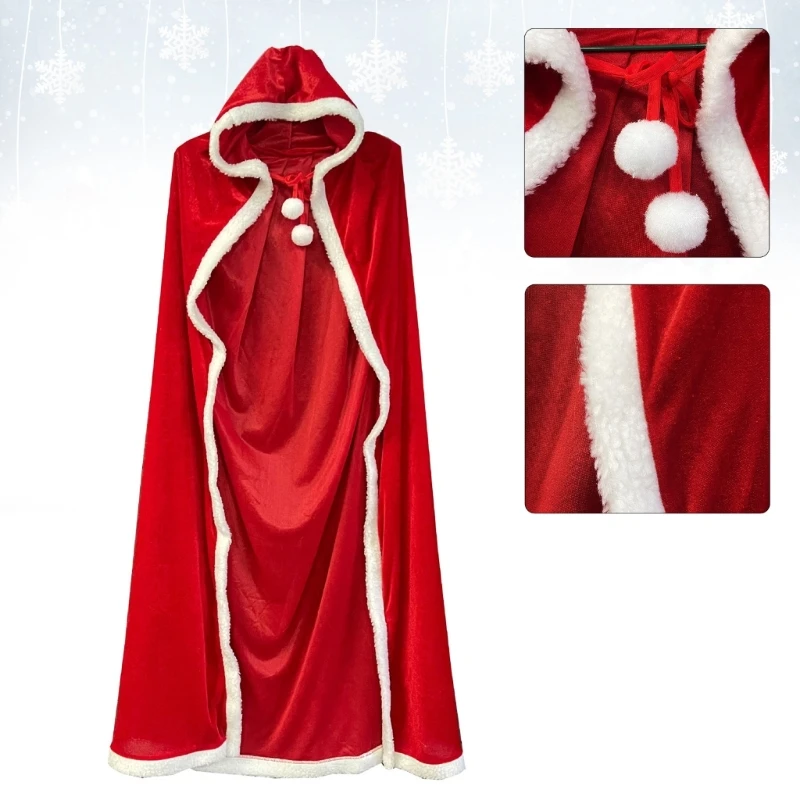 

Women Girls Christmas Wear Full Length Hooded Velvet Cloak Santa Claus Plush Trim Tie Up Red Cape Holiday Cosplay Costumes Props