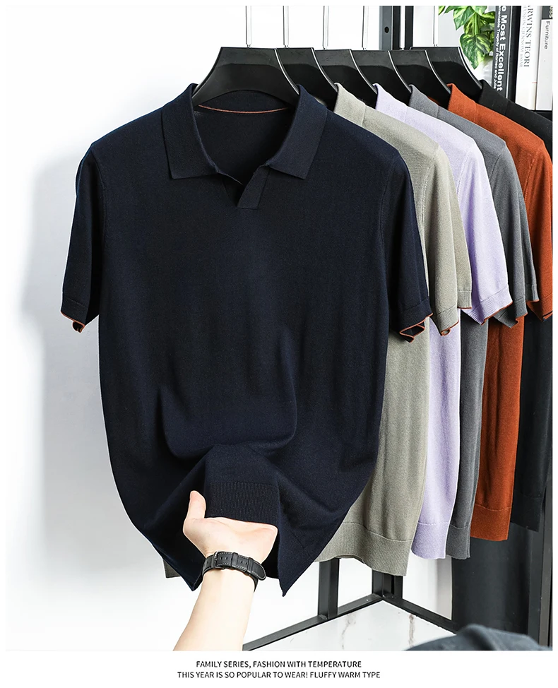 100% Lyocell Knitwear 2025 Men Spring Summer Trendy Turn Down Collar Knit Tees Short Sleeve Breathable Knit Tops