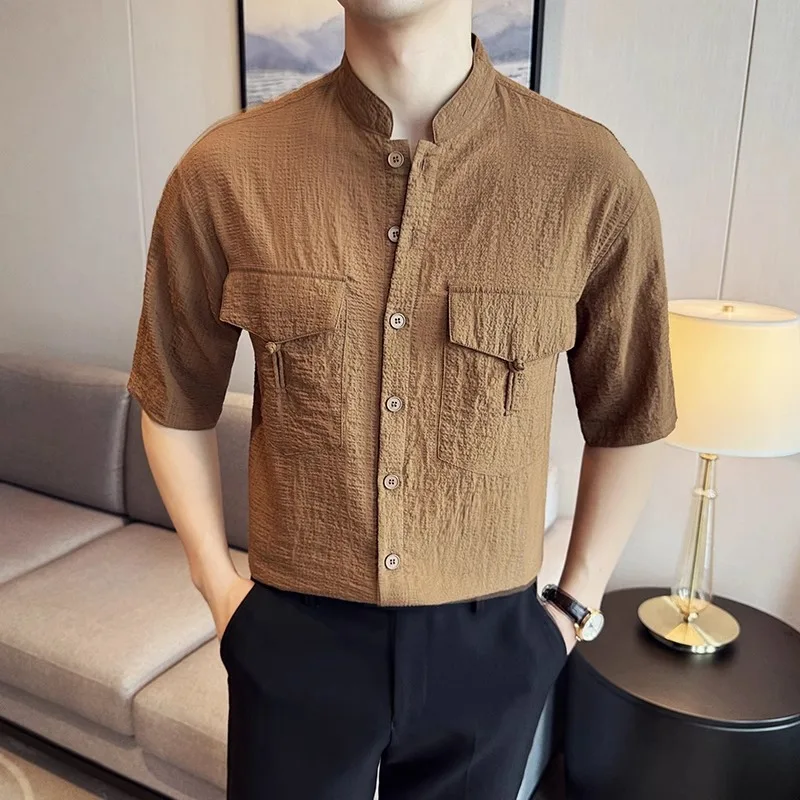 

Chinese Style Frog Seersucker Thin Shirt for Men Summer Short Sleeve Slim Fit Casual Stand Collar Shirts Social Party Streetwear