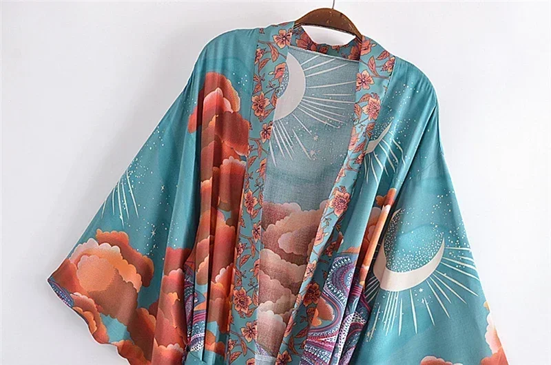 Boho Queens 여성용 스타 꽃 프린트 박쥐 소매 비치 보헤미안 기모노 드레스 로브, V넥 비키니 커버 업, 여름
