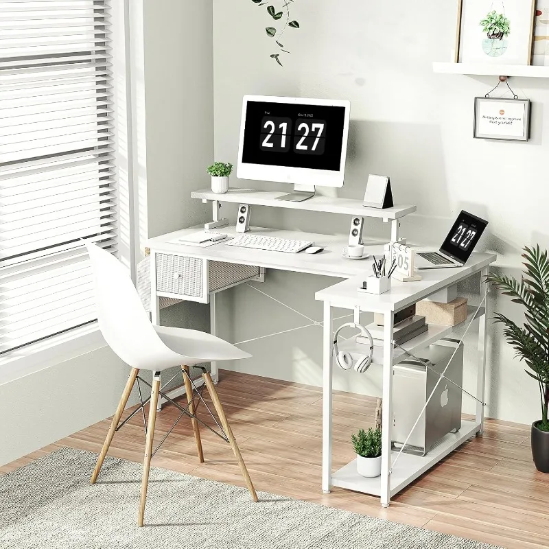 L Shaped Gaming Desk, 47 Inch Computer Desk with Adjustable Stand & RGB Lights, Corner Desk for Power Outlet, Carbon Fibe 2