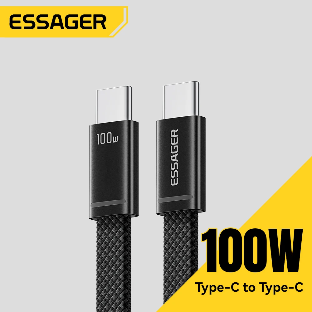 كابل ESSAGER نحيف من نوع USB C إلى Type C بقوة 100 واط، شحن سريع 5 أمبير لأجهزة MacBook وiPhone 17 و16 Pro Max وiPad وشاومي وأجهزة الكمبيوتر المحمولة، سلك بيانات USB-C