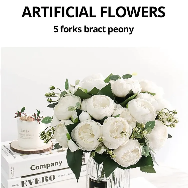 Artificial Flowers 30cm Rose White Peony Bouquet 5 Big Head and 4 Bud for Home Wedding Decoration Indoor