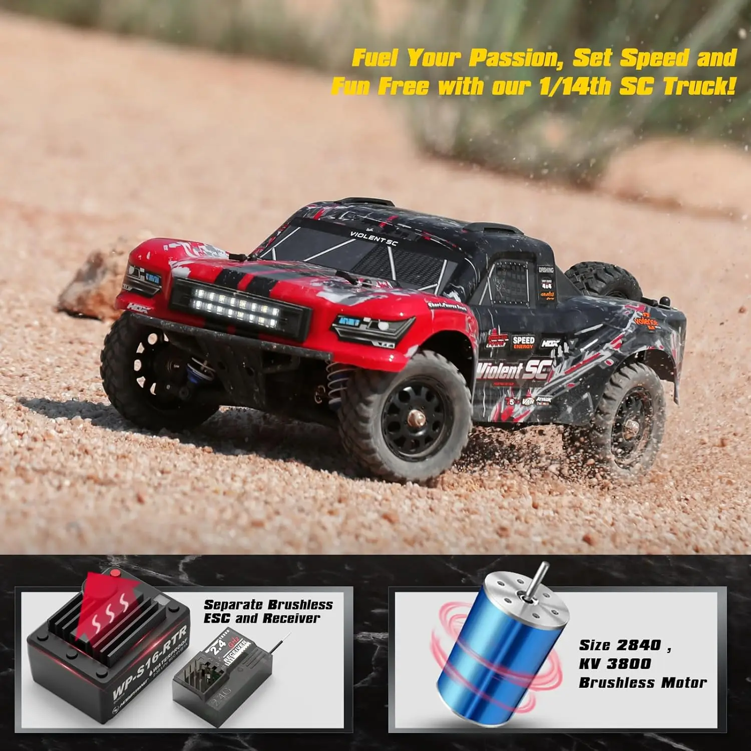 Off-Road Brushless RC Short-Course Truck, 1:14 Scale Fast RC Car, Max Speed of 42 km/h (or 60 km/h with 3S Battery), 4WD Electri