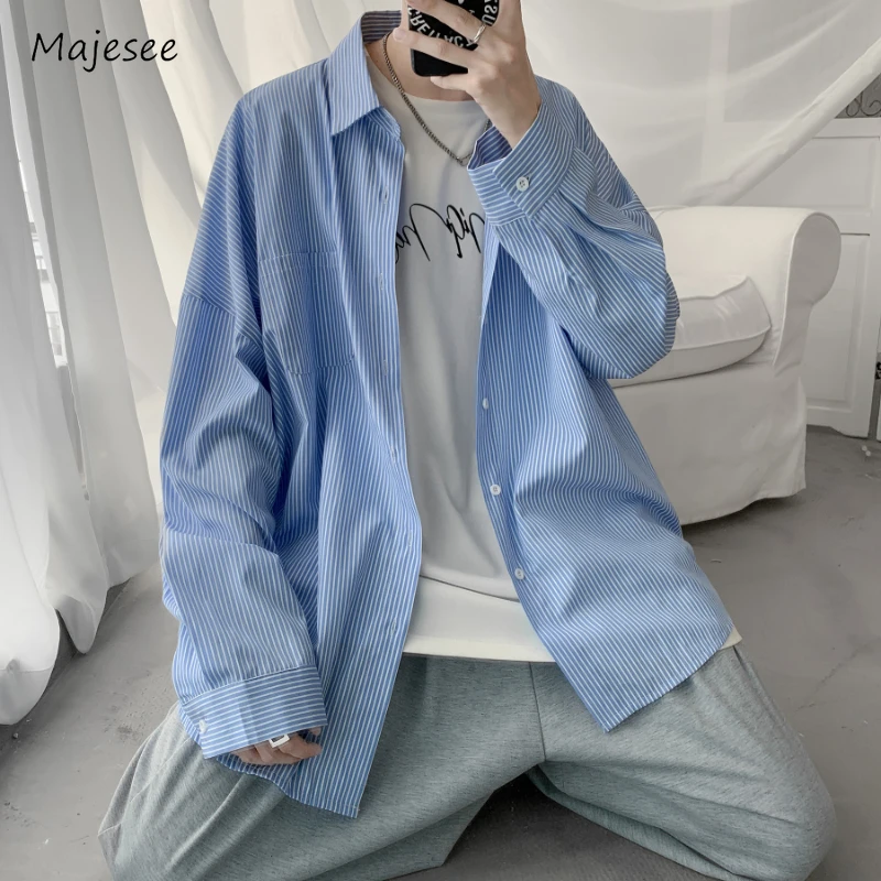 

Shirts Men Casual Daily Loose Autumn All-match Streetwear Youthful Long Sleeve Korean Style Striped Harajuku Teenagers Fashion