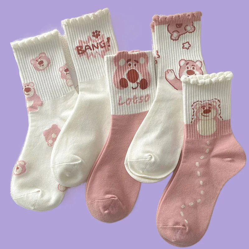 

5/10 Pairs High Quality Fashion Women's Strawberry Bear Socks Thin Medium Cap Socks Trendy Socks Versatile Cartoon Women's Socks
