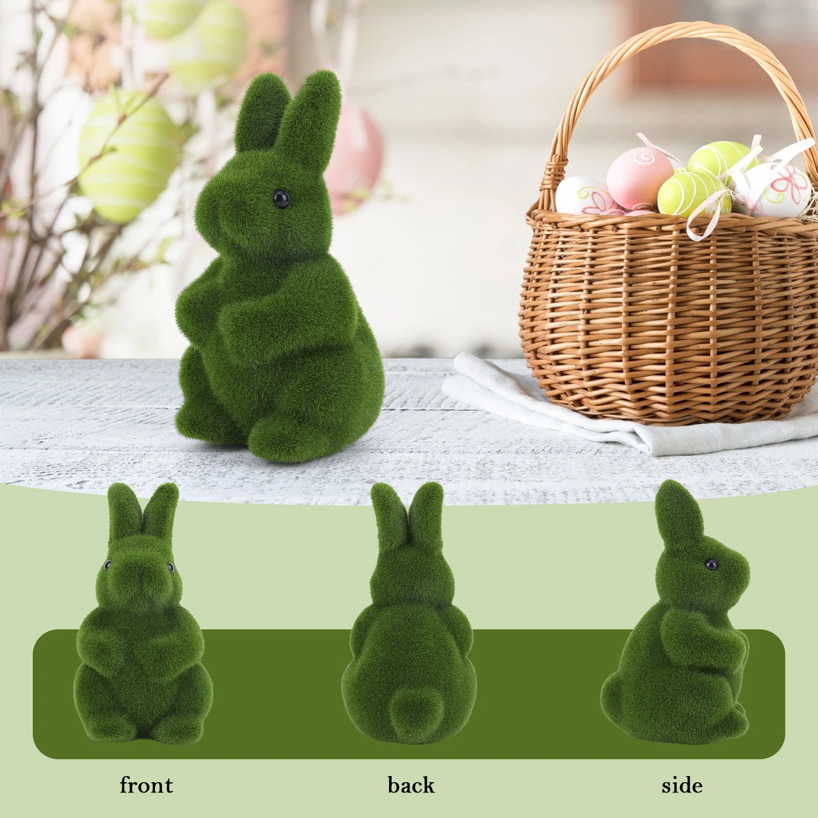 2Pcs Flocking Bunny Statue Flocked Animal Statue Decorative Fake Green Moss Rabbit Decoration Cute for Patio Garden Yard