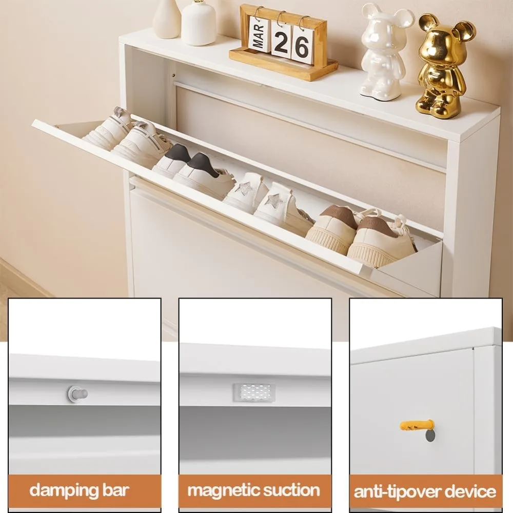 Slim Wall Mount Shoe Cabinet with Flip Drawers, Hidden Storage for Entryway, White Metal Rack