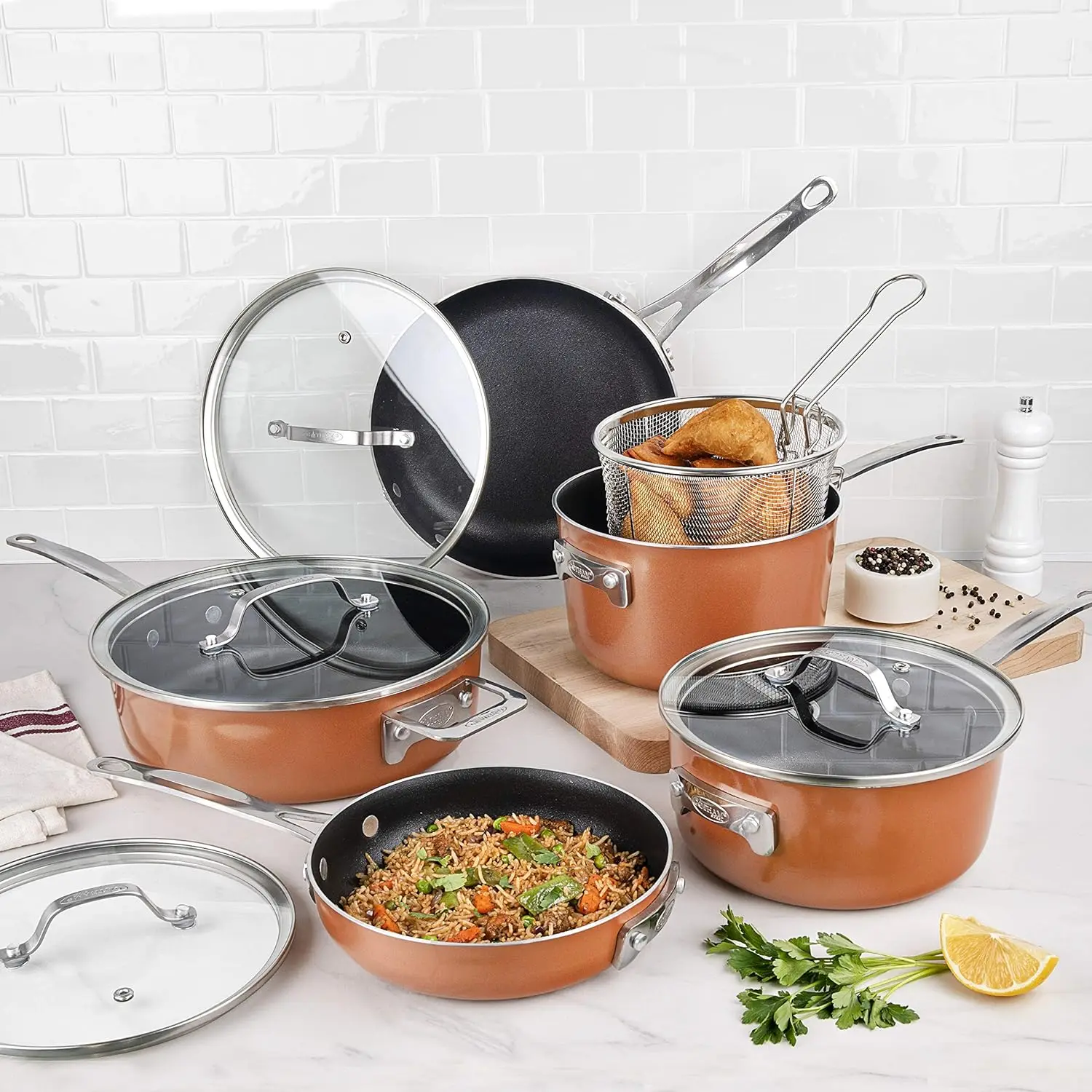 

Pots & Pans Set \u2013 Stackable 10 Piece Cookware Set Saves 30% Space, Ultra Nonstick Cast Texture Coating, Includes Fry Pa