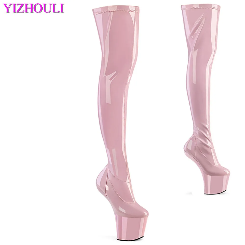 

20cm high pole dancing heels, 8 "sexy patent leather heelless waterproof platform model catwalk over-the-knee dance shoes