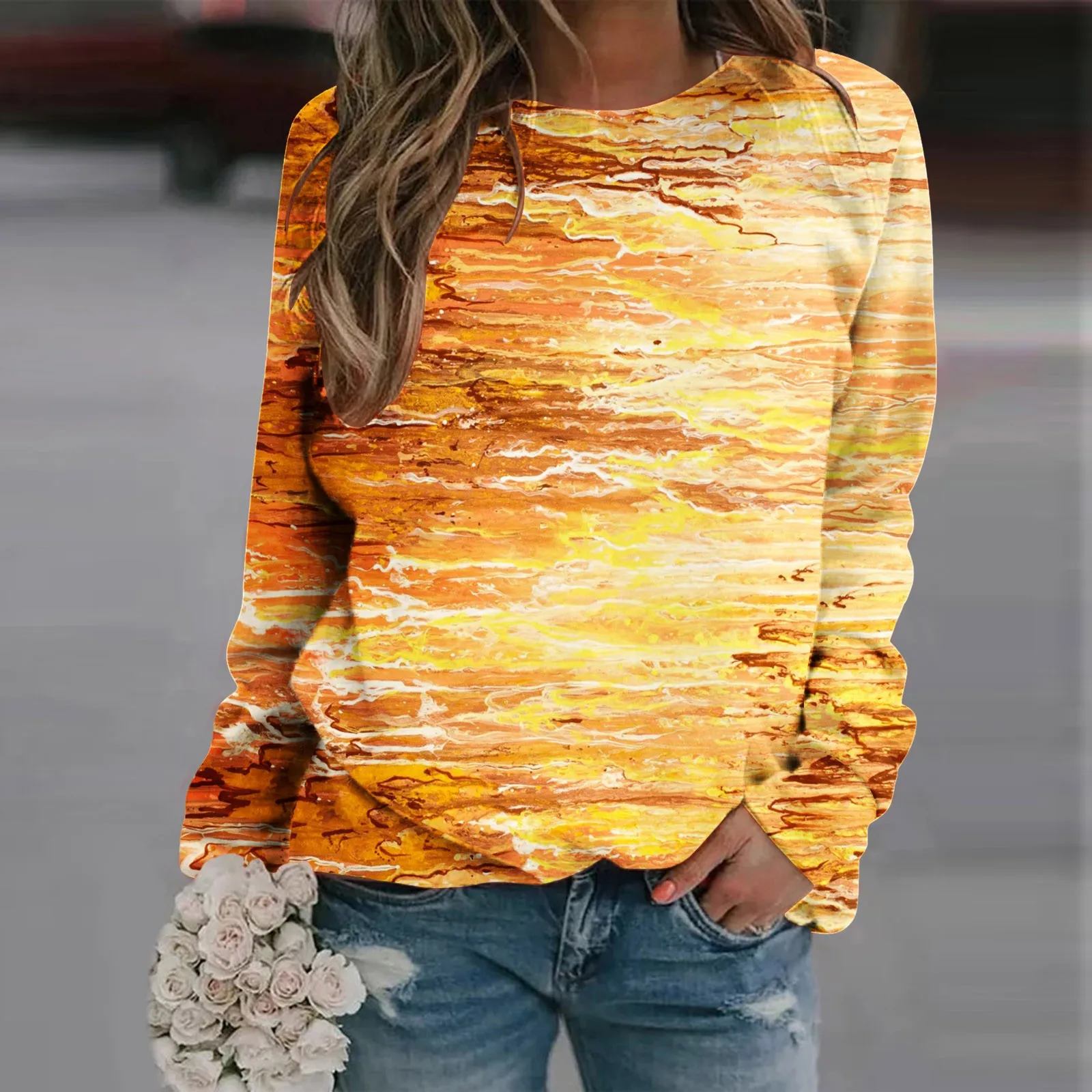 

Womens Spring Flower Prints Long Sleeve O Neck T Shirt Top Jacket Women Drawstring Jacket