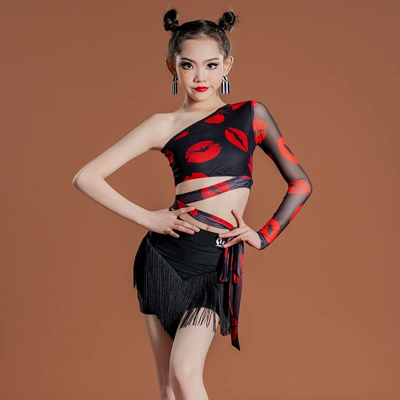 Latin clothing, summer black dance dress, girls' high-end practice clothes, children's performance clothes, tight fringe skirt