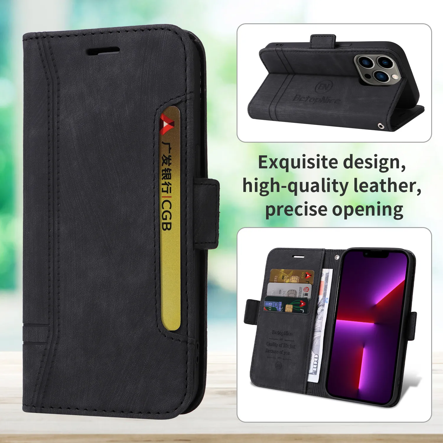 Leather Flip Phone Case with Magnetic Wallet and Stand