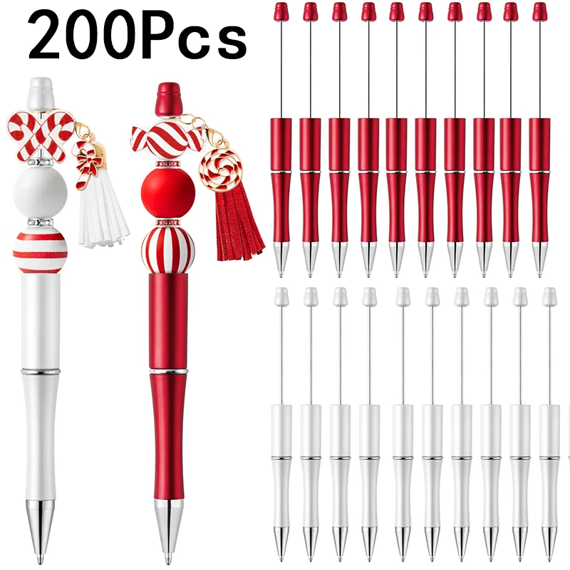 

200Pcs Christmas Beadable Pens Gift Plastic Bead Pens Black Ink for Adults Kids School Office DIY Making Gifts Supplies