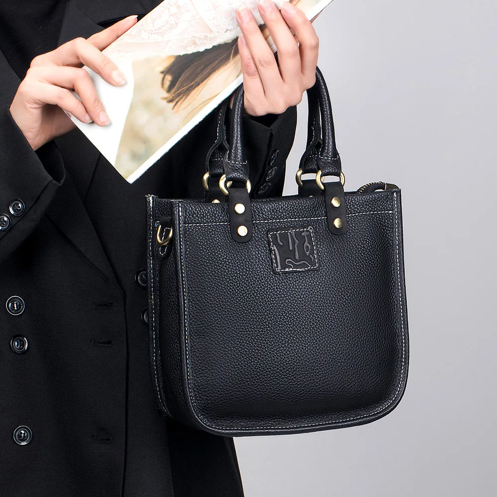 Genuine Leather Women's Bag Retro Fashion Handheld Small Bucket Bag Luxury Tote Ladies' Shoulder Crossbody Bag High Quality