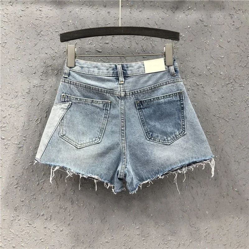 Streetwear Contrast Color Patchwork Denim Shorts Women Fashion High Waist Loose Short Jeans Female 2023 Summer New Pant