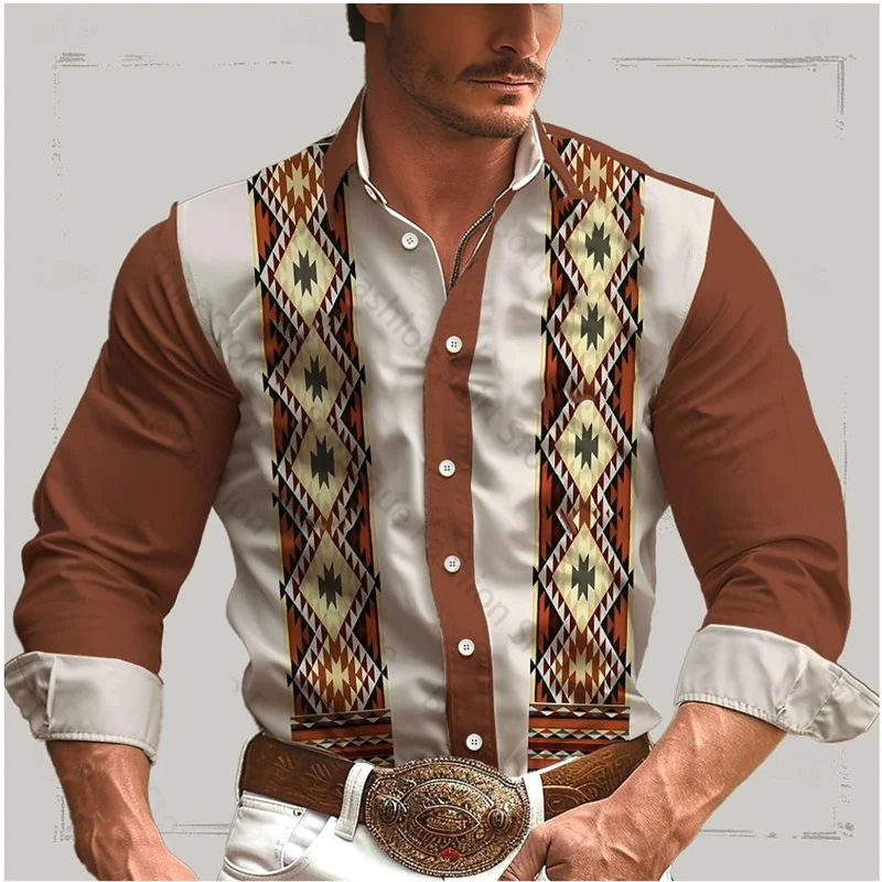 thumbnail image 1 of Camisa de hombre estilo occidental retro geométrico para exteriores, informal, de calle, para uso diario, primavera y verano, con solapa, manga larga, tallas S-5XL, camisa de tela elástica, 1 of 4