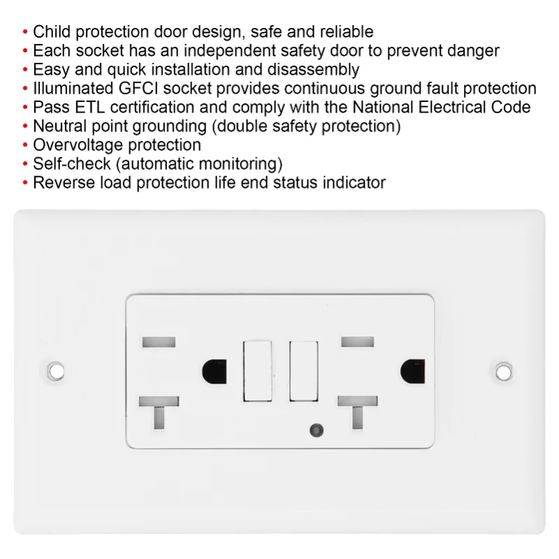 GFCI 콘센트 LD-3008B ETL 인증 ABS 장 스마트 벽면 플레이트 리셉터클 AC125V
