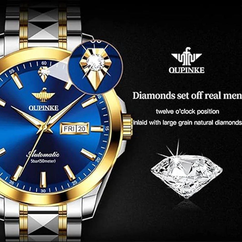 OUPINKE Original Real Diamond Mens Wristwatch Automatic Mechanical Watch Luxury Swiss Movement Luminous Dress Calendar