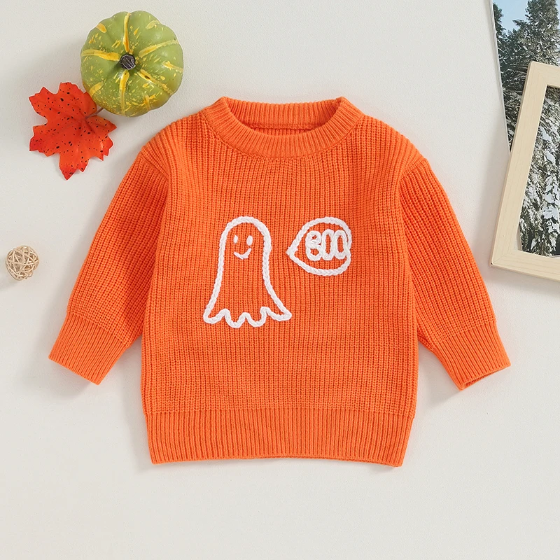 

Kids Boys Girls Sweater Ghost Letter Embroidery Crew Neck Long Sleeve Pullovers Fall Toddler Clothes Jumpers Tops